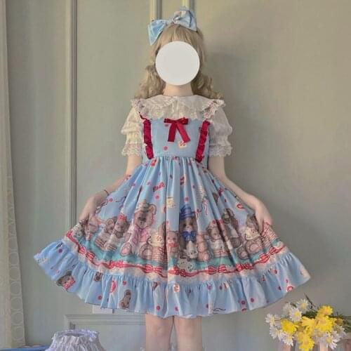 Japanese Sweet Lolita Bear Amusement Park Print Cute Dress Jsk Suspender Summer Tea Party loli Dress