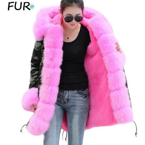 New long Camouflage 2020 winter jacket women outwear thick parkas natural real fox fur collar coat hooded pelliccia