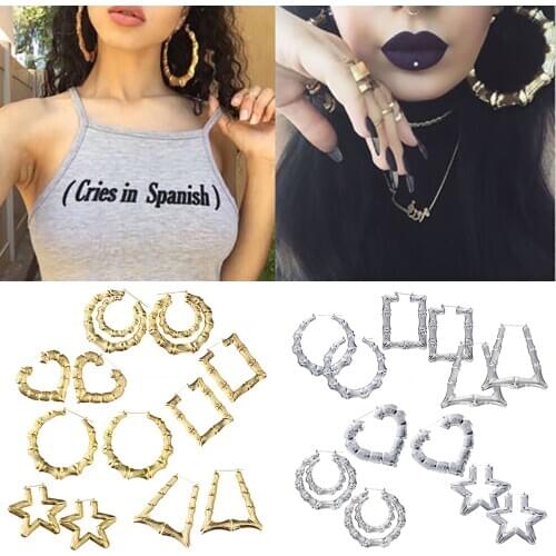 New Ethnic Style Geometric Hoop Earrings Gold Silver Color Alloy Tone Bamboo Punk Women Big Hollow Creole Women Bijoux