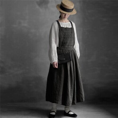 Johnature 2021 Autumn New Linen Women Strap Dresses Autumn Vintage Embroidery Elastic Waist Removable Female Dress