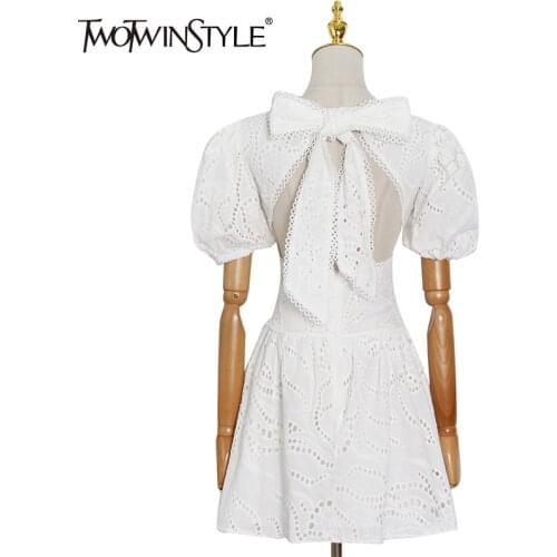 TWOTWINSTYLE White Hollow Out Dress For Women V Neck Puff Short Sleeve High Waist Lace Up Bowknot Mini Dresses Female 2021 Style