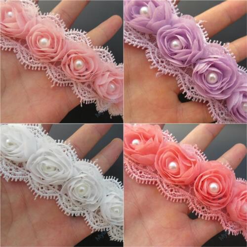 12x Pearl 3D Chiffon Rose Flowers Lace Trim Ribbon Fabric Handmade Embroidered Applique Wedding Dress Sewing Craft Decoration