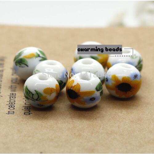2018 NEW Chinoiserie 12mm 50pcs Sunflower Pattern Ceramic Ball Beads,Round Spacer Beads Fit Jewelry Diy Free Shipping YS0024