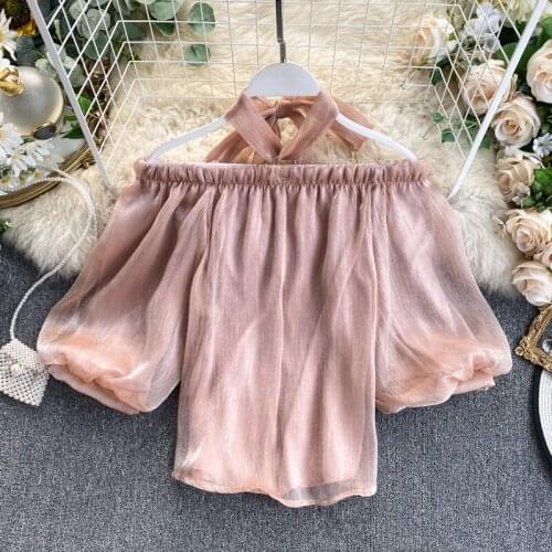 2021 Womens New French Girl Retro Palace Style Puff Sleeve Scheming One-Neck Off Shoulder Top