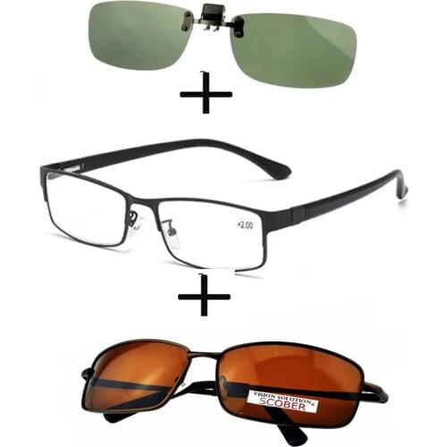 3Pcs!!!rectangular Metal Black Business Reading Glasses for Men Women + Polarized Sunglasses Rectangular + Sunglasses Clip