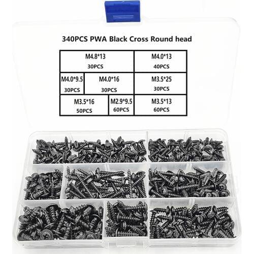 340pcs/box M2-M4 Pan Head Tapping Screw Cross Head PWA Self Tapping Screw Set Assortment Kit Black Furniture Carbon Steel