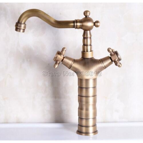 Antique Brass Swivel Spout Kitchen Sink Faucet / Dual Cross Handles Basin Water tap Deck Mounted Wnf246