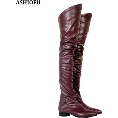 ASHIOFU Handmade New Ladies Flat Heel Thigh High Boots Sexy Night-club Slim Party Prom Over Knee Boots Evening Fashion Boots