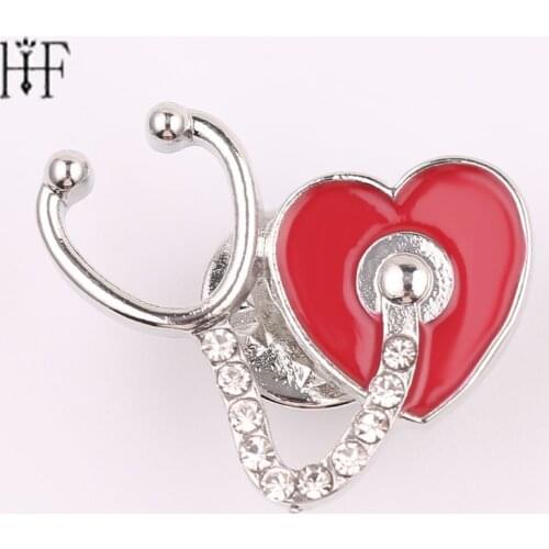 Stethoscope Brooch Medical Instrument Broche Jewelry Heart Pins Enamel Lapel Rose Gold Color Crystal Scarf Accessories