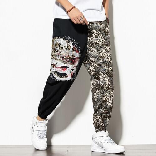 #2573 Spring Summer Hip Hop Pants Mens Vintage Spliced Color Streetwear Cotton Linen Harem Pants Chinese Style Embroidery Dragon