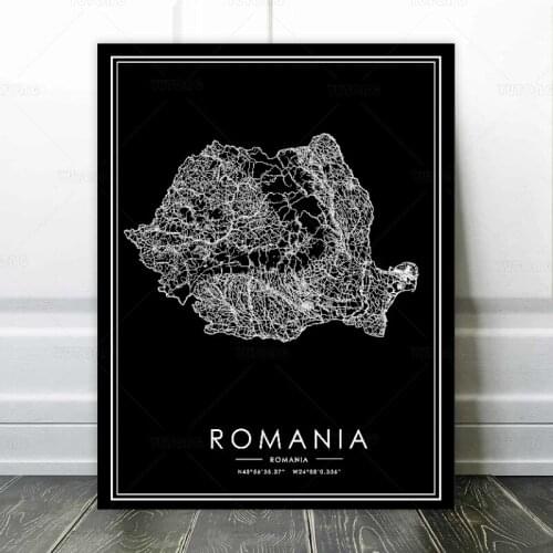 Black and White World City Map romania Wall Art Canvas Poster Prints Nordic Style Paintings Picture Living Room decoration