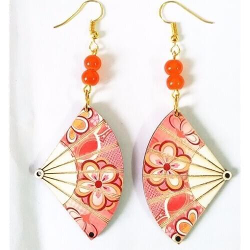 Printing Wooden Fan Drop Earrings Women Drop Earrings Fashion Jewelry Eardrop Personality Hollow Hoop Earrings