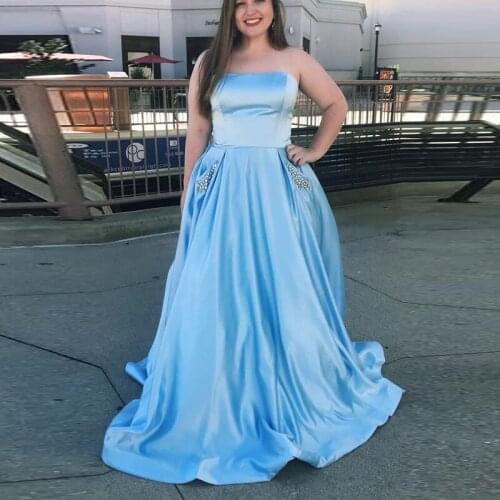 Long Prom Dresses 2020 Strapless Pockets Crystal Lace Up Back A-Line Satin Evening Dress Formal Party Gowns Robe De Soiree Cheap