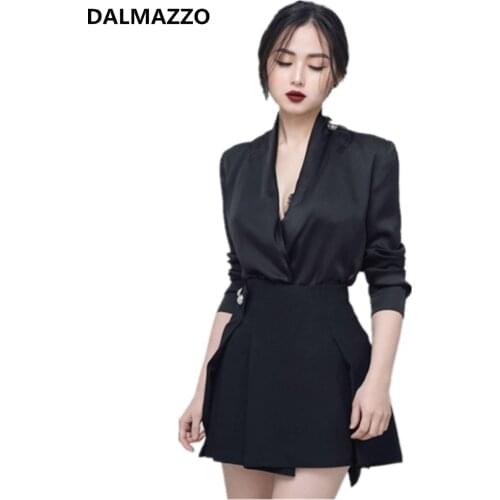 Women Black Fashionable Runway high-end Professional Suit 2019 Newest Ladies V Neck big size Tops + Short Skirt 2 Pieces Sets XL