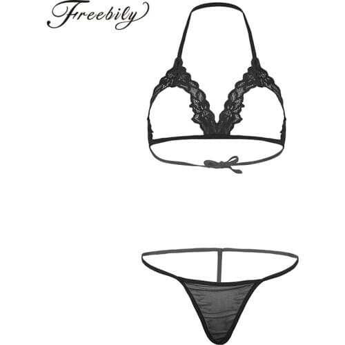 Women Open Cups Bra Set Floral Lace Sexy Erotic Lingerie Underwear Hollow Out Exposed Open Bra with Mesh T-Back Briefs Panties