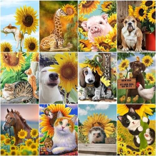 GATYZTORY Painting By Numbers Sunflower Animals Drawing Canvas DIY Pictures By Numbers Kits Wall Art Hand Painted Gift Home Deco