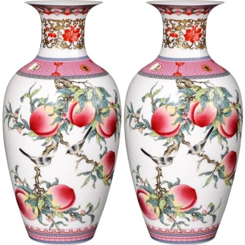 Jingdezhen Ceramics Famille Rose Peach Pattern Vase Ornaments Chinese Living Room Wine Cabinet Antique Eggshell Vase