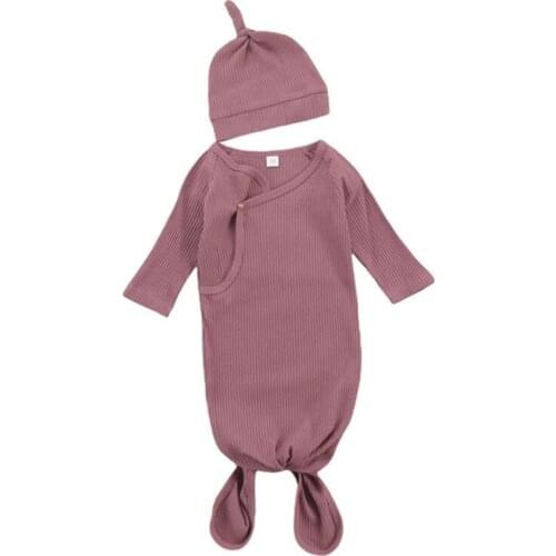 2 Pcs Baby Sleeping Bag+Hat Set Solid Knitted Swaddle Wrap Blanket Sleepsack+Tail Knotted Beanie Cap Kit for Newborn 69HE
