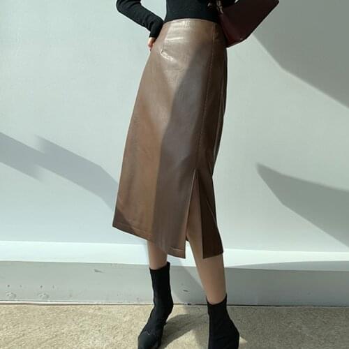 Brown PU faux Leather skirts for women Front Split black Basic womens pencil skirt vintage high waist autumn warm mujer faldas