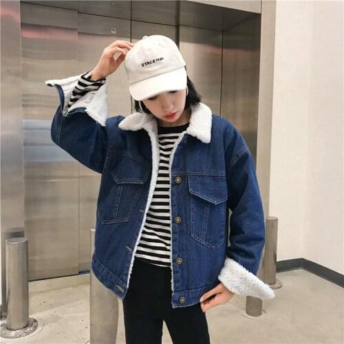 Lamb wool denim jacket female 2019 winter Korean version of the new loose large size plus velvet thick cotton jacket