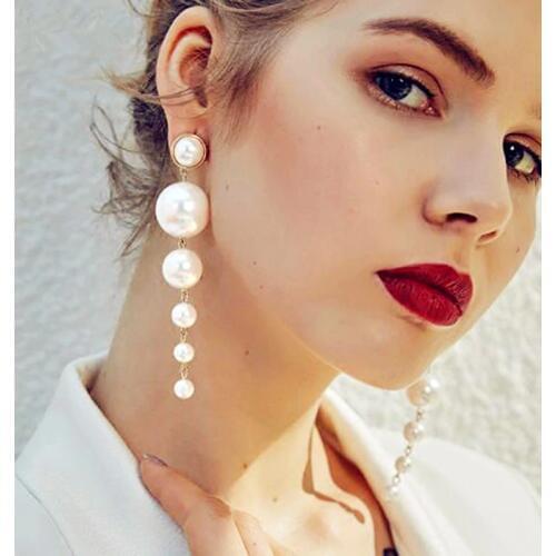 Trendy Elegant Big Simulated Pearls Drop Earrings for Women String Long Hanging Ear Jewelry Wedding Party Gift Brincos Bijoux