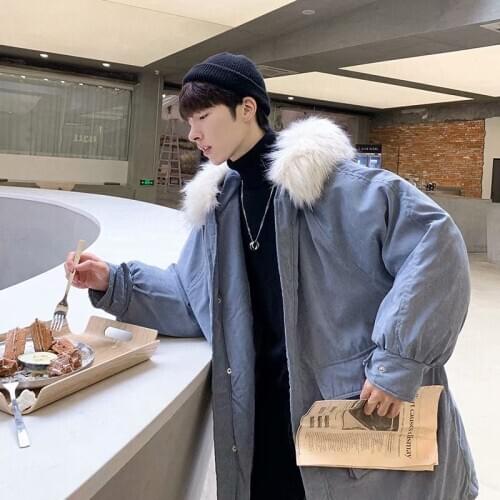 2020 Korean version fur collar cotton-padded jacket for men in winter down medium long coat cotton-padded jacket