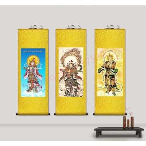 Customized) Buddhist Dharma Weituo Bodhisattva hanging painting, silk scroll painting, Buddhist hall decoration