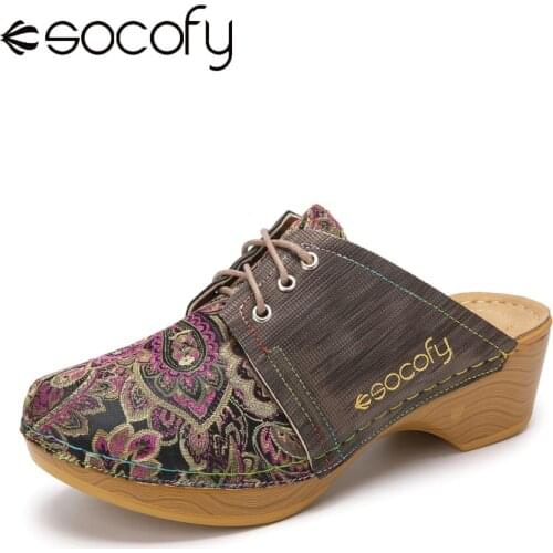 SOCOFY Retro Floral Cloth Lace Up Decor Slip On Wood Mules Clogs Comfy Low Heel Sandals Women Shoes For Mothers Day Gifts