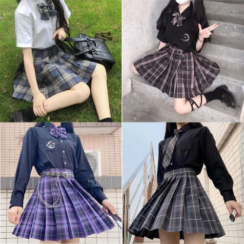 [Carbon Gray] Japanese JK Uniform Two Piece Set Women White Long Sleeve Shirts+Plaid Mini Skirt Preppy Style Students Clothes