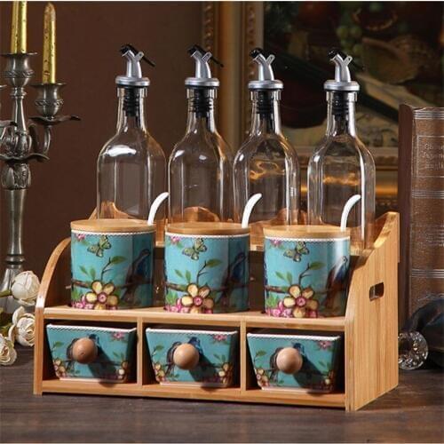 Versatile ceramic seasoning jar set,oil bottles,European double-layer spice rack vinegar pot,oil seasoning box Kitchen shelf