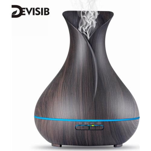 DEVISIB 400ml Aroma Essential Oil Diffuser Wood Grain Ultrasonic Cool Mist Humidifier 7 Color LED Light for Office Home Bedroom