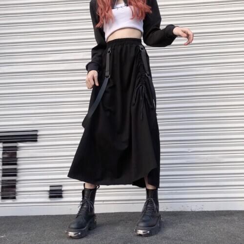 High Waist Sexy Gothic Ribbon Ring Shoulder Strap Punk Midi Black Irregular Skirt Women Harajuku Streetwear Drawstring Skirt