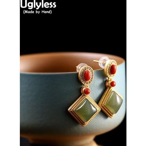 Uglyless Square Geometric Simple Fashion Women Dress Earrings Natural Jade Agate Jewelry Real Gold 925 Sterling Silver Earrings