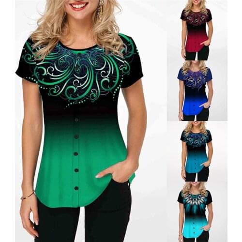 Women Casual Short T Shirts 2021 S-2XL Gradient Color Print Summer T Shirt O-Neck Button Tees Top Loose Shirts Femme