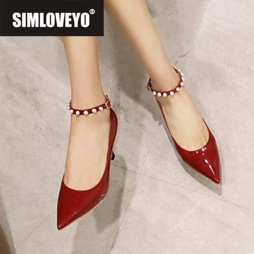 REAVE CAT New 2021 Women Pumps Pointed Toe 7.5cm Block Heels Sexy Buckle Pearl Big Size 48 Casual Summer Spring Red A3827