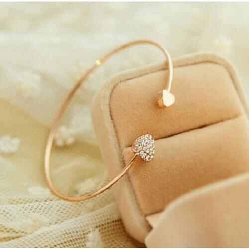 Women Open Bracelet Adjustable Double Heart Full Crystal Elegant Lady Opening Bangle EIG88
