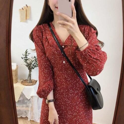 Women Autumn Print Dress A-Line Ladies High Waist Button Dress Female Lantern Sleeves Peter Pan Collar Chic Mid-Calf Dresses