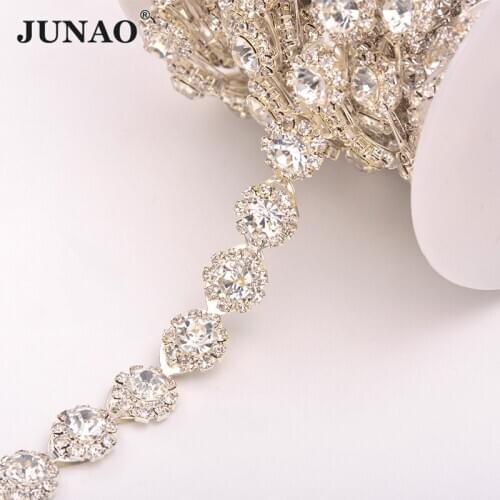 JUNAO 1 Yard Sewing Clear Silver Glass Rhinestones Chain Flower Crystal Metal Trimming Strass Applique for Clothes Jewlery