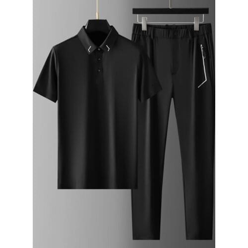 2021 Soft Silky Summer Mens Sets (t-shirt+pants) Luxury Solid Color Short Sleeve Sport Casual Male Sets Slim Fit Thin Man Suit