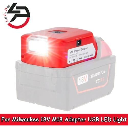 For Milwaukee 18V M18 Li-ion Battery Adapter LED Light Working Lamp Flashlight Torch USB Mobile Phone Charger DC 12V Output