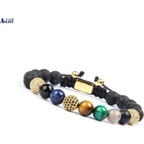 Ailatu New Men 's Beaded Braided Bracelets with 8mm Natural Tiger Eye Stone Beads Top Quality