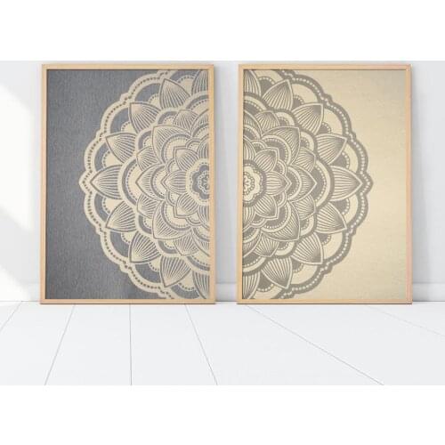 Beige Mandala Pattern Wall Art Grey Zen Canvas Painting Minimalist Boho Flower Picture Print Yoga Home Decorative Bedroom Poster