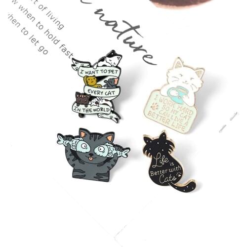 Cartoon Cat Fish Coffee Brooches Life is Better with Cats Animal Enamel Pins Bag Lapel Badge Fashion Jewelry Gift for Friends