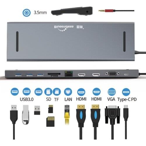 Blueendless Type C USB Hub 11 in 1 Rj45 2xHDMI-Compatible 3xUSB3.0 Type C VGA Port Docking Station PD100W Fast Charging