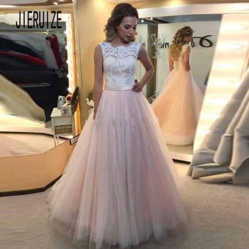 JIERUIZE Pink Lace Appliques Wedding Gown Jewel Neck Sleeveless With Sash Tulle Wedding Gowns Bridal Dresses Robe de Soiree