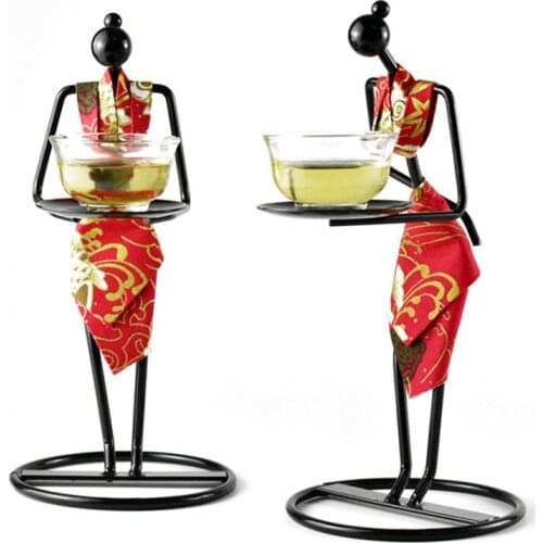 Chinese Traditional Lady Etiquette Miniature Model Handcraft Iron Candlestick Tea Cup Decoration Accessories Home Decor Figurine