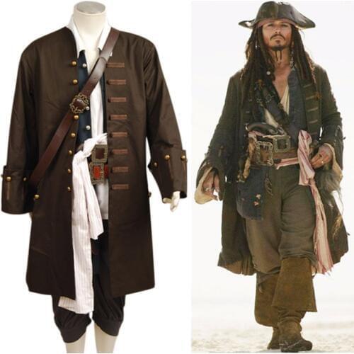 Jack Sparrow Cosplay clothing Pirates Of The Caribbean Jacket Vest Belt Shirt Pants Costume Set Halloween