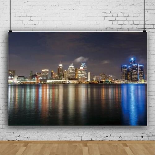 Laeacco City Metropolis Dark Night Scenic Photo Backdrops Modern Neon Buildings Seaside Photocall Poster Photographic Background