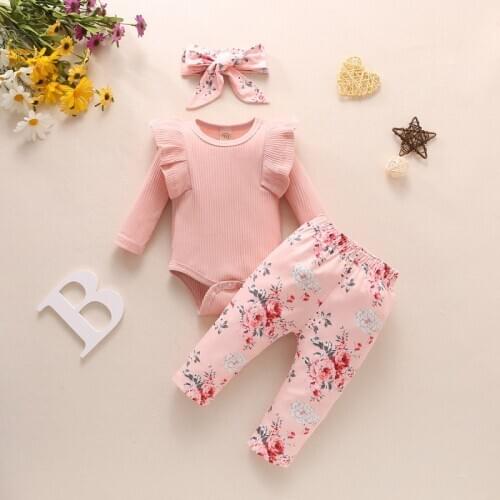 Summer Baby Girl Long Sleeve Romper Top Floral Trousers Headband Outfits Clothes