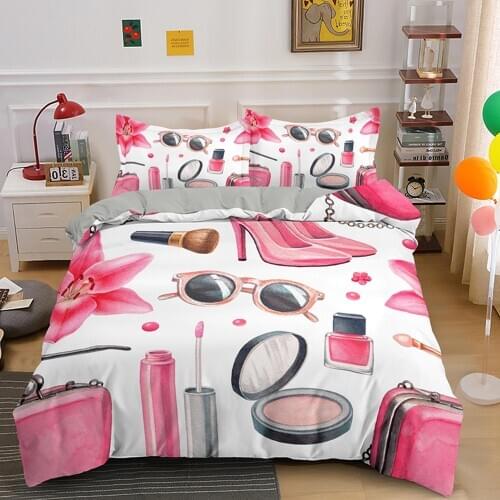 Sweety Girl Cosmetic Printing Queen Duvet Cover Set Lipstick Mascara King Size Bedding Sets 2/3pcs With Pillowcase Drop Shipping